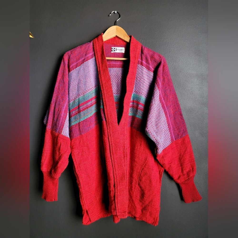 Jesamie Handwoven Multicolor Red Aqua Blue Jacket Open Front Fitted Wrist Unisex